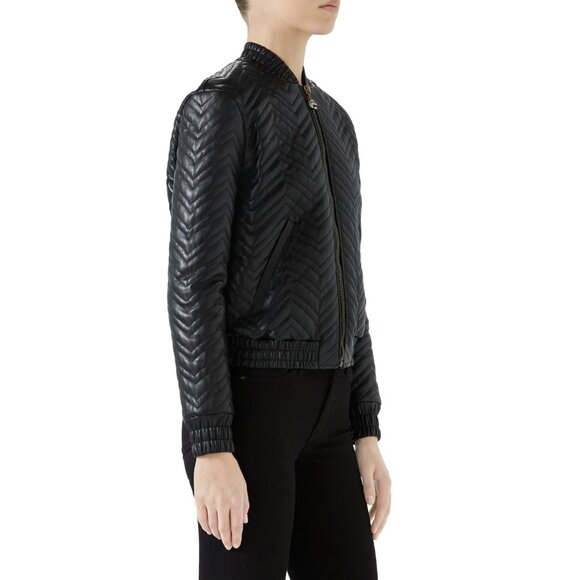 GUCCI JACKET QUILTED BLACK LEATHER BOMBER TIGER CHARM PULL sz IT 38 US 2 - Picture 4 of 15